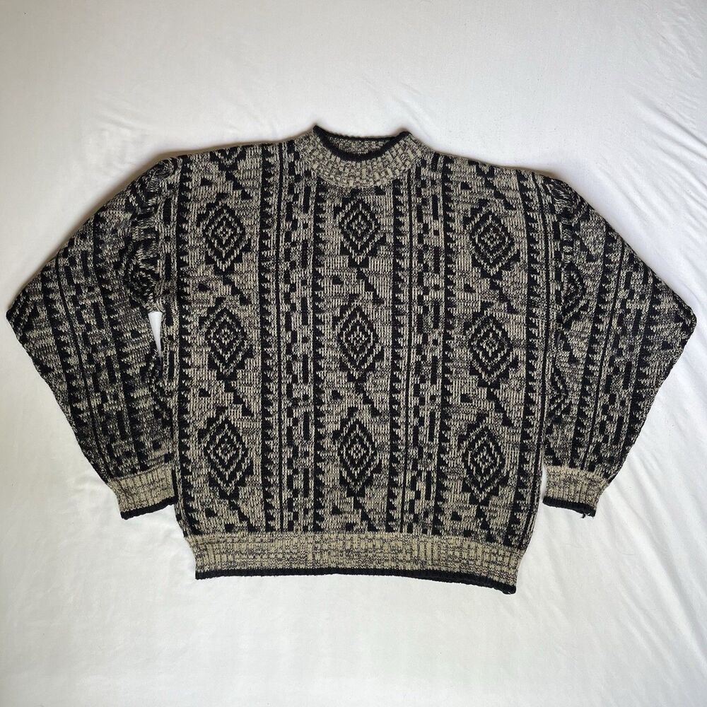 Vintage The Mens Store Sears Sweater Mens Large Black Tan Geometric 90s 3D